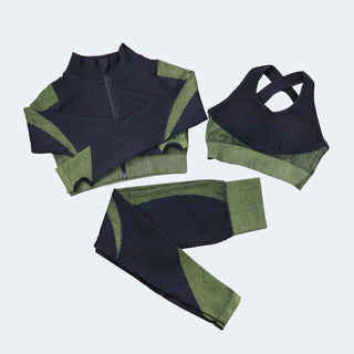 Buy green-set-3pcs Women&#39;s Seamless Yoga Set Summer Long-Sleeved T-Shirt Yoga Clothing Sports Fitness Bra Elastic Running Training Yoga Pants