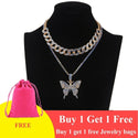 Iced Out Butterfly Necklace Set Cuban Link Chain Choker Necklace Women