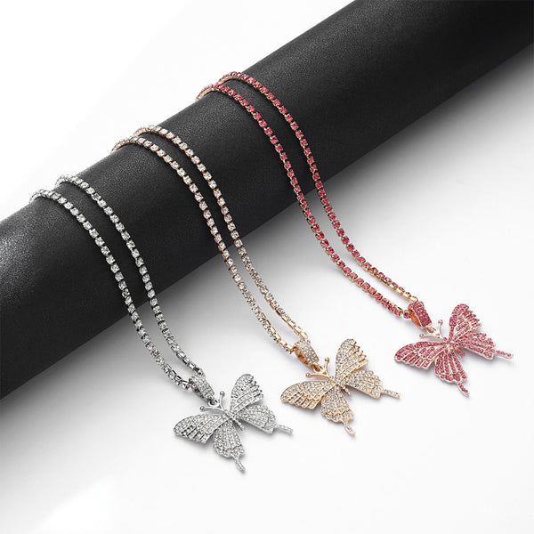 Iced Out Butterfly Necklace Set Cuban Link Chain Choker Necklace Women