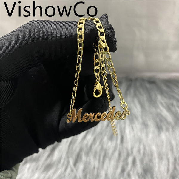 VishowCo Custom Name Anklet On A Cuban Chain Personalized Stainless