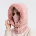Winter Fur Cap Mask Set Hooded for Women Knitted Cashmere Neck Warm