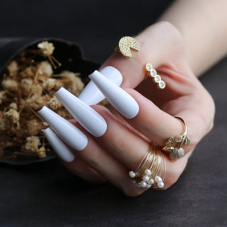 Buy uv-white Extra Nude Long Coffin Fake Nail Rhinestone Luxury Coffin AB Rhinestone Holographic False Nails Coffee