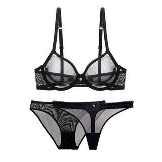 Buy black Varsbaby Sexy Mesh Lace Underwear Transparent Unlined 1 Bra+2 Panties Bra Set Plus Size 32-42cde