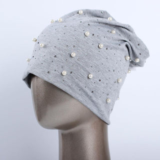 Buy light-gray Geebro Brand Women&#39;s Beanie Hat Casual Polyester Shine Pearls&amp;Rhinestones Beanies for Women Skull Beanie Hats Bonnet for Female