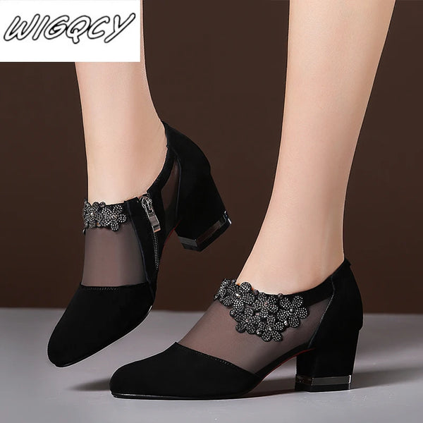 Summer Women High Heel Shoes Mesh Breathable Pumps Zip Pointed Toe Thick Heels Fashion Female Dress Shoes Elegant Footwear