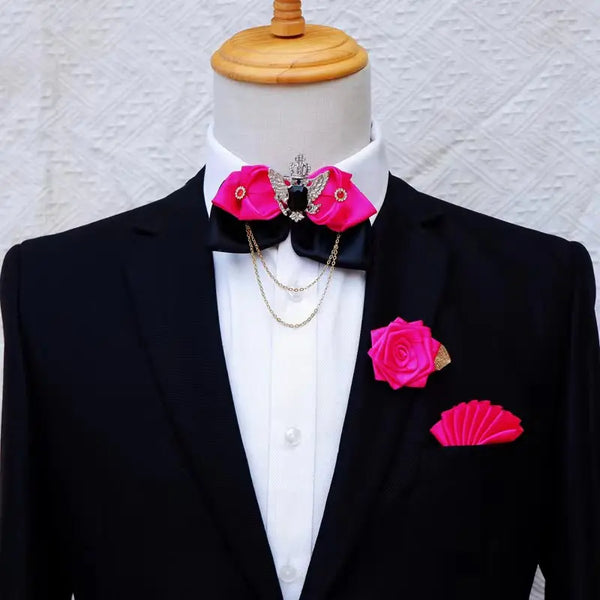 Crystal Bow Tie Set Men's Women's Business Suit Accessories Collar Flowers Vintage Wedding Bow-Tie Pocket Towel Brooch 3pcs Sets