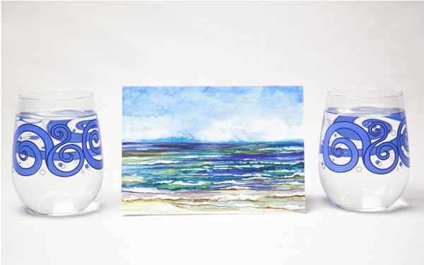 Beach Theme 3 Piece Gift Set : Greeting Card and Stemless Wine Glasses